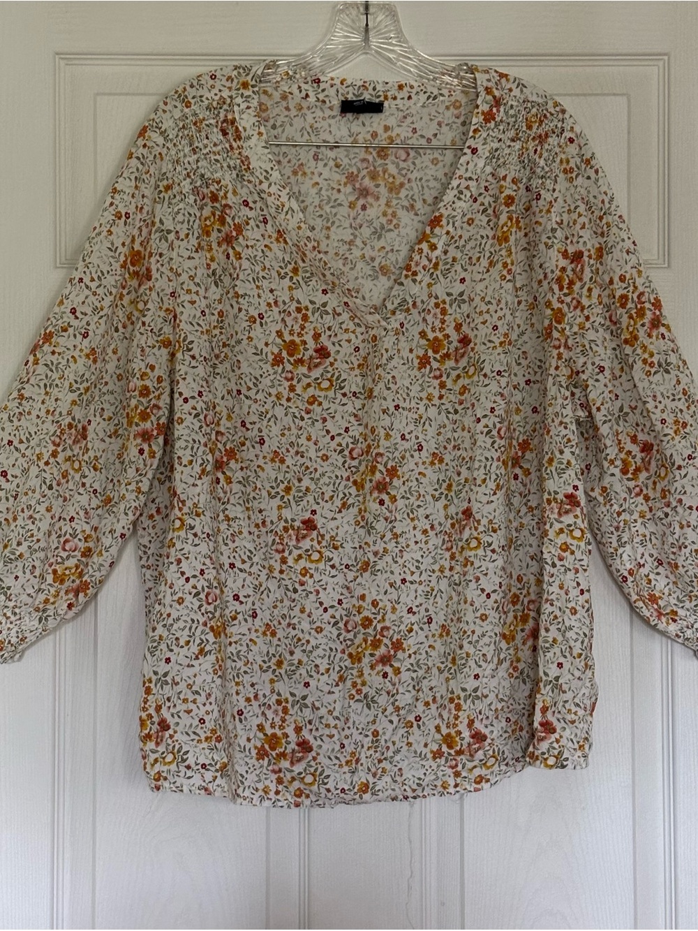 Jones New York Cream Floral V-Neck Blouse with Orange & Pink Accents